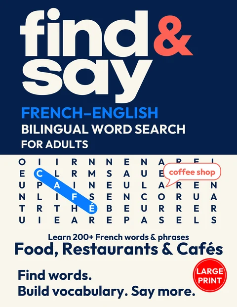 Front cover of Food, Restaurants & Cafés, a Find & Say French–English bilingual word search for adults