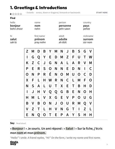 A puzzle page from All About Me, with the word-search grid, word list and Say it sentence
