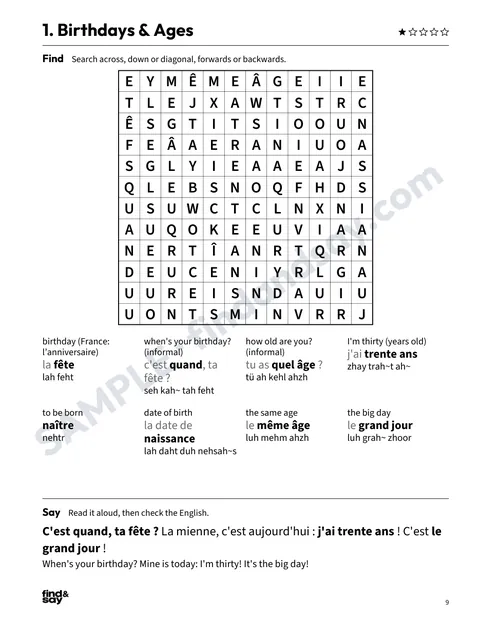 A puzzle page from Celebrations & Special Occasions, with the word-search grid, word list and Say it sentence