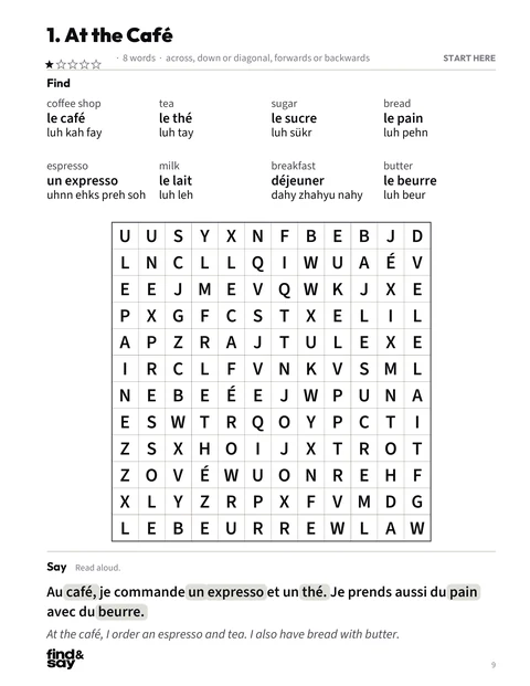 A puzzle page from Food, Restaurants & Cafés, with the word-search grid, word list and Say it sentence