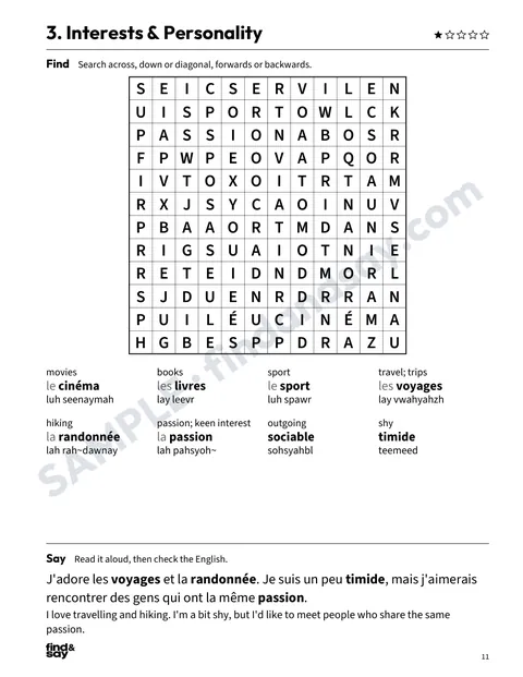 A puzzle page from Friends, Social Life & Dating, with the word-search grid, word list and Say it sentence