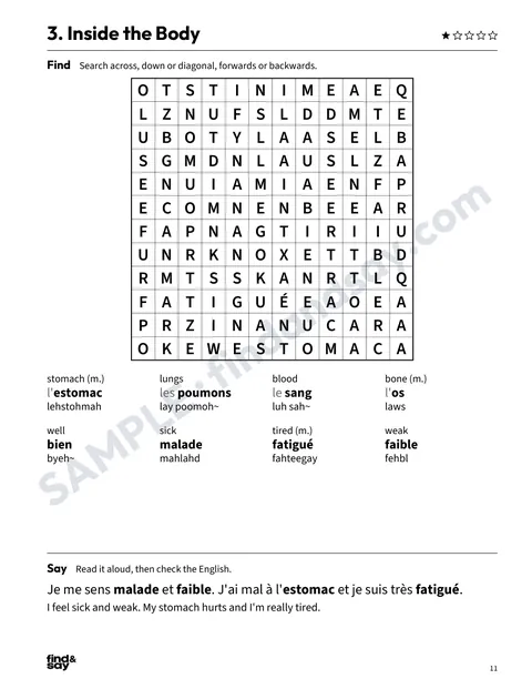 A puzzle page from Health, Body & How I Feel, with the word-search grid, word list and Say it sentence