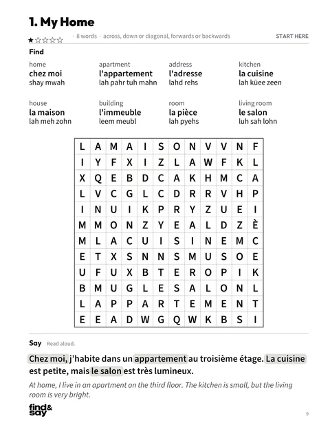 A puzzle page from Home & Neighbourhood, with the word-search grid, word list and Say it sentence