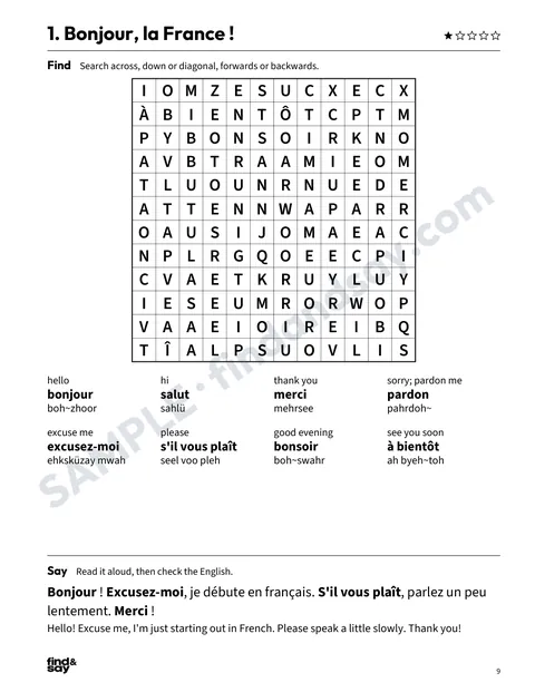 A puzzle page from My First French Vacation, with the word-search grid, word list and Say it sentence