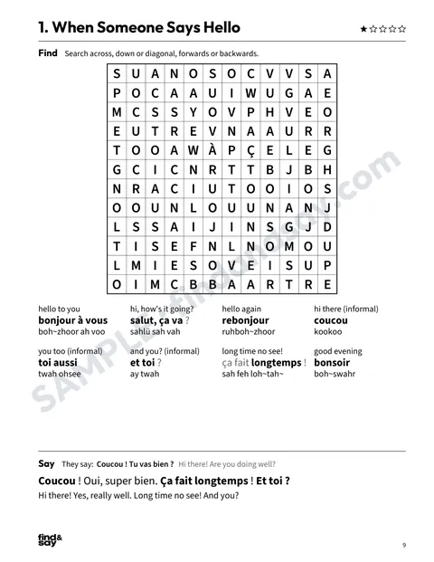 A puzzle page from Replies & Expressions for Daily Life, with the word-search grid, word list and Say it sentence