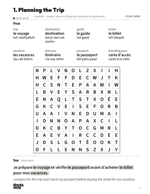 A puzzle page from Travel & Getting Around, with the word-search grid, word list and Say it sentence